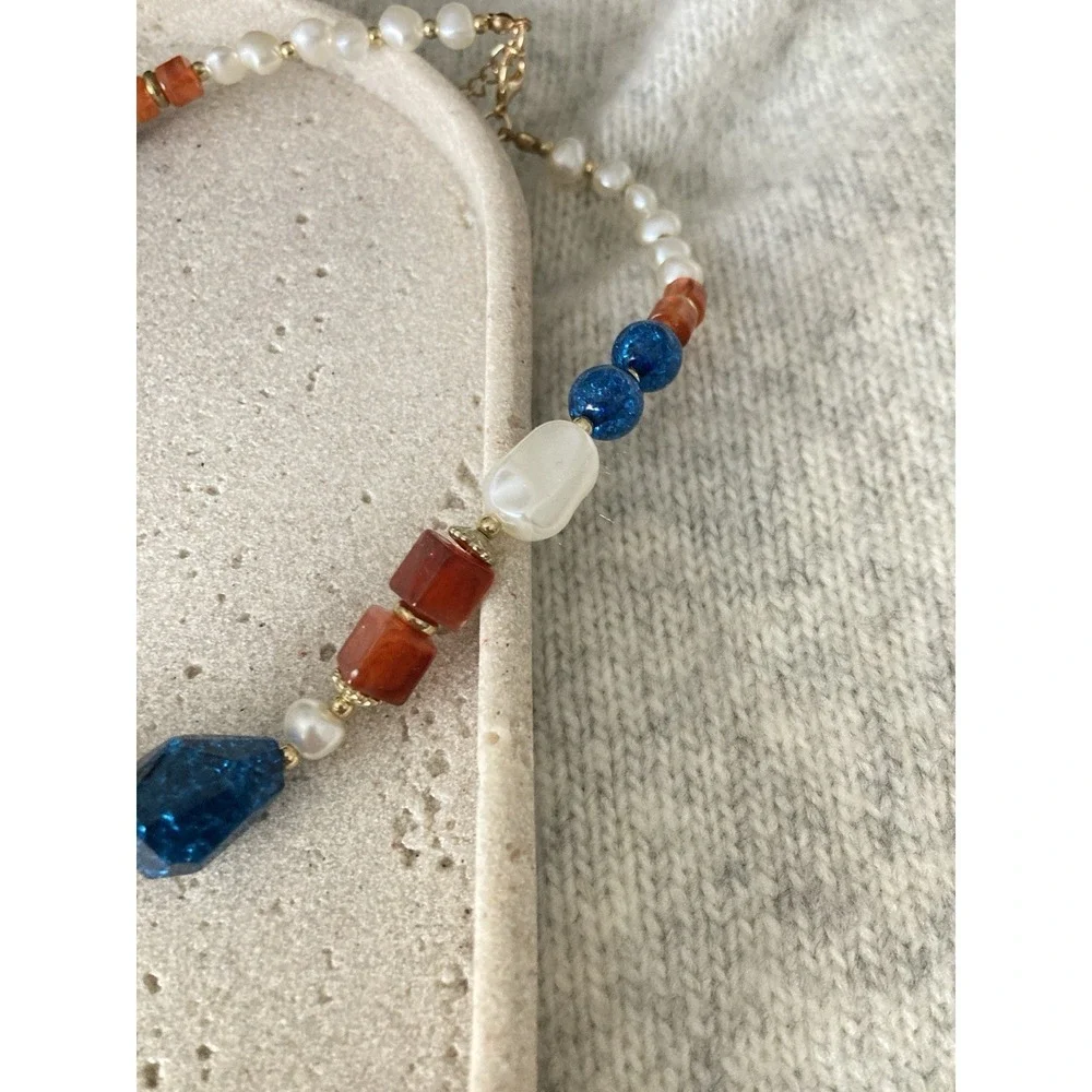 Beggars Beads Collar Necklace Blue Crackle Beads Faux Pearl Beaded Romantic Glam